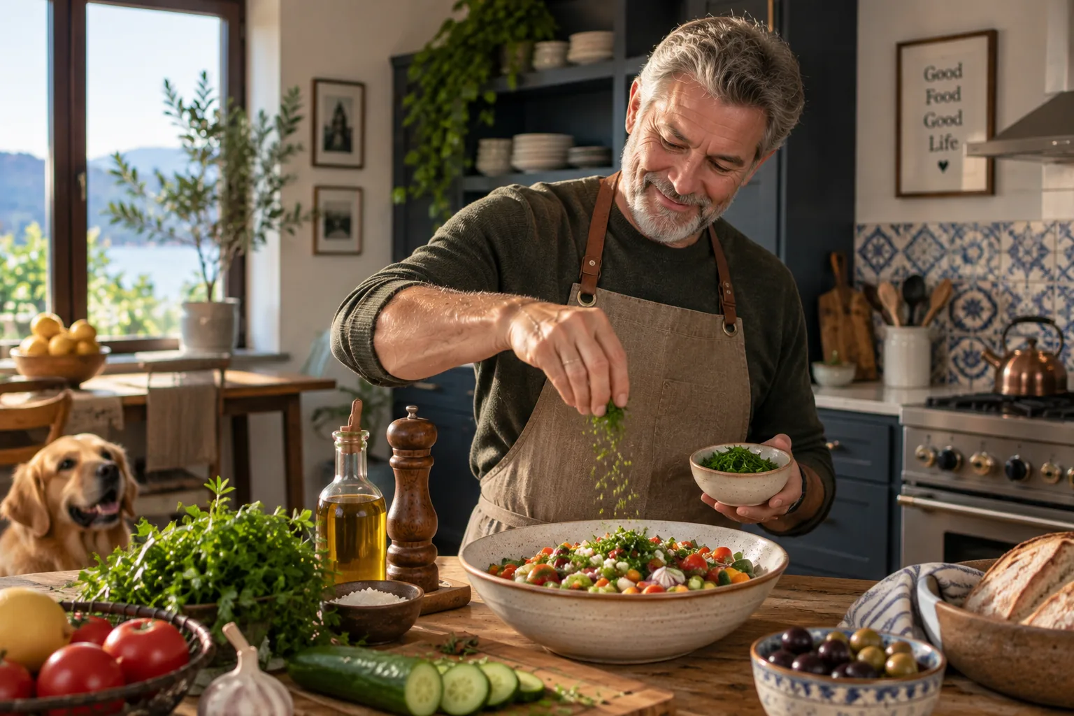A weathered man cooking a fresh salad at a sunlit kitchen window over the water, a chalkboard reading Good Food, Good Mood, Clear Mind, Happy Life behind him